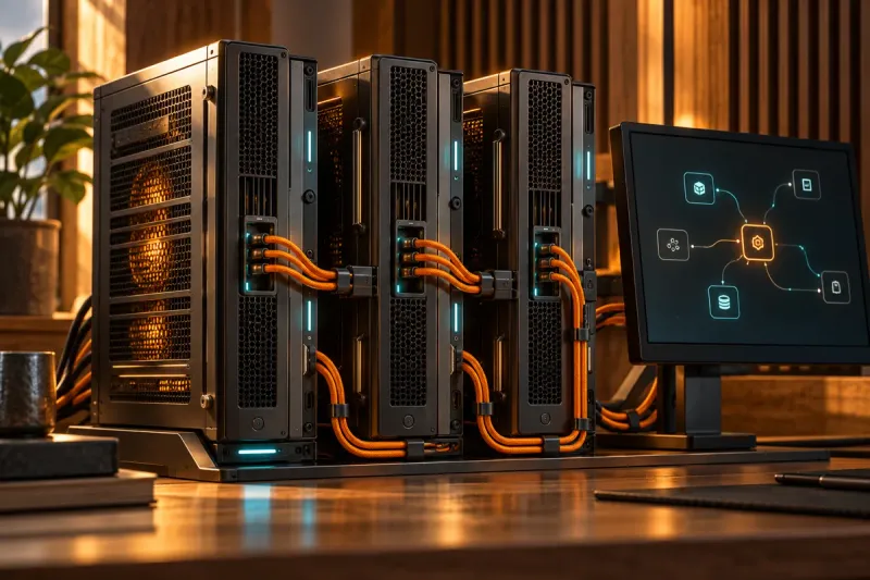 Concept illustration of three compact graphite compute modules linked by orange cabling, with a small screen showing a linked-node orchestration map; not a photo of the actual system.