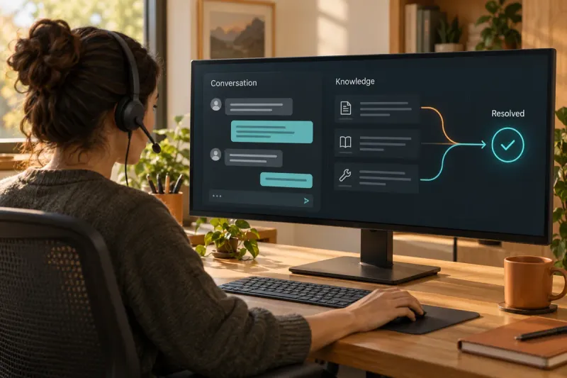 Concept illustration of a support agent at a wide monitor where a conversation, knowledge articles and a resolved ticket connect; not a product screenshot.