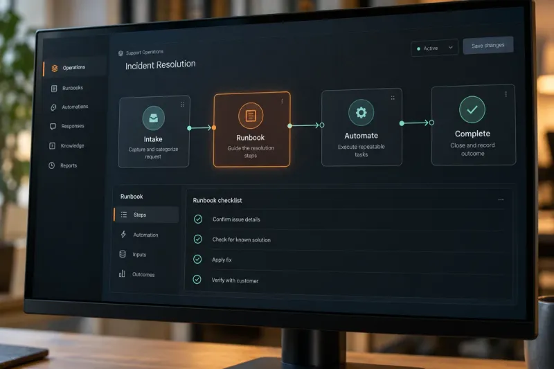 Concept illustration of a runbook and automation workflow on a monitor; not a product screenshot.