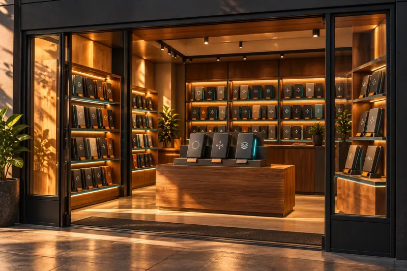 A warmly lit model library with graphite cases displayed on walnut shelves; a concept illustration, not a photo of a real store or a product screenshot.