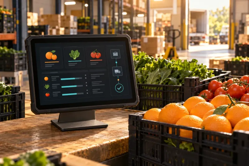 Concept illustration of a rugged tablet showing an inventory and workflow dashboard beside crates of oranges, greens and tomatoes; not a client photo or product screenshot.