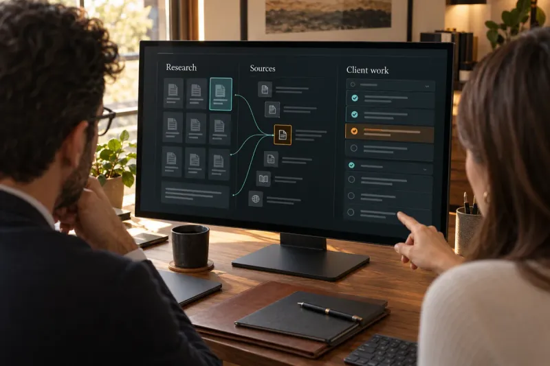 Concept illustration of two colleagues reviewing a research, sources and client-work workspace on a large screen; not a client photo or product screenshot.