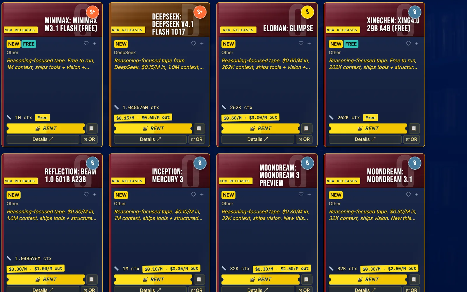 Screenshot of the PickYourModel catalog, captured October 2026: a grid of AI model cards styled as rental tapes, each with a model name, a tier badge, a short description, context size and price, and Rent and Details buttons.