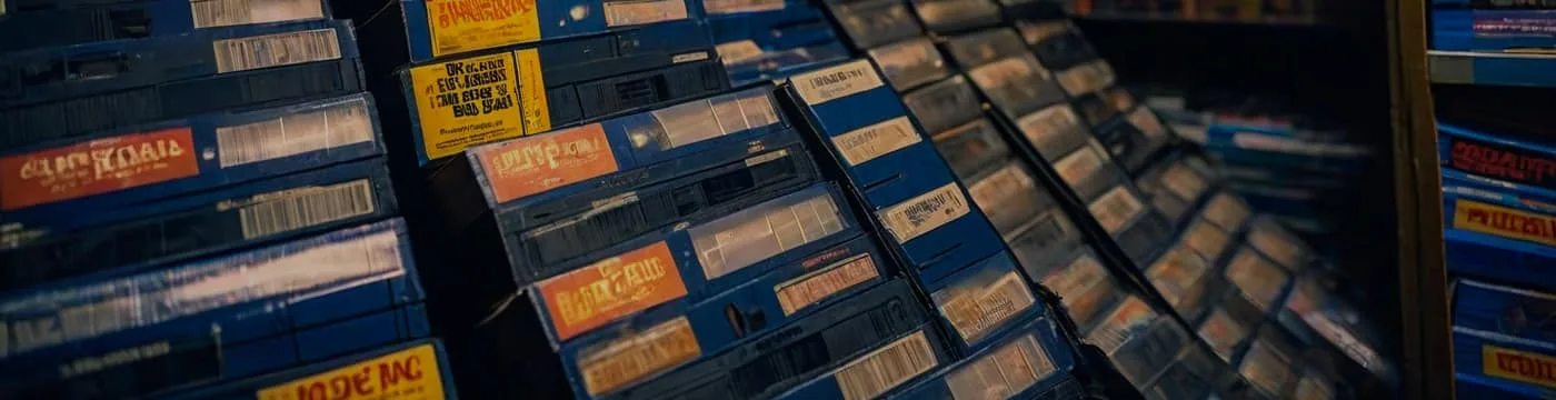 PickYourModel aisle banner, AI-generated: tape boxes stacked at an angle in a bin for the Bargain Bin section.
