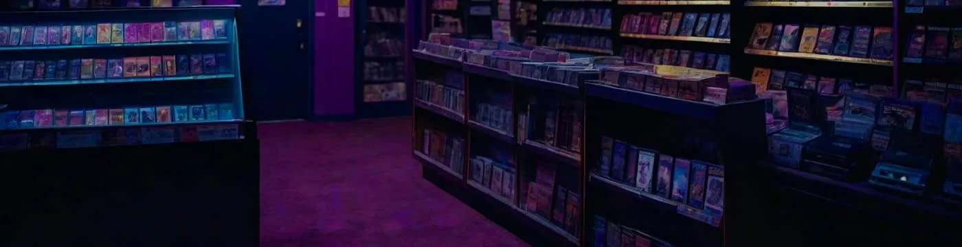 PickYourModel aisle banner, AI-generated: rows of tape boxes under purple light for the Cult Favorites section.