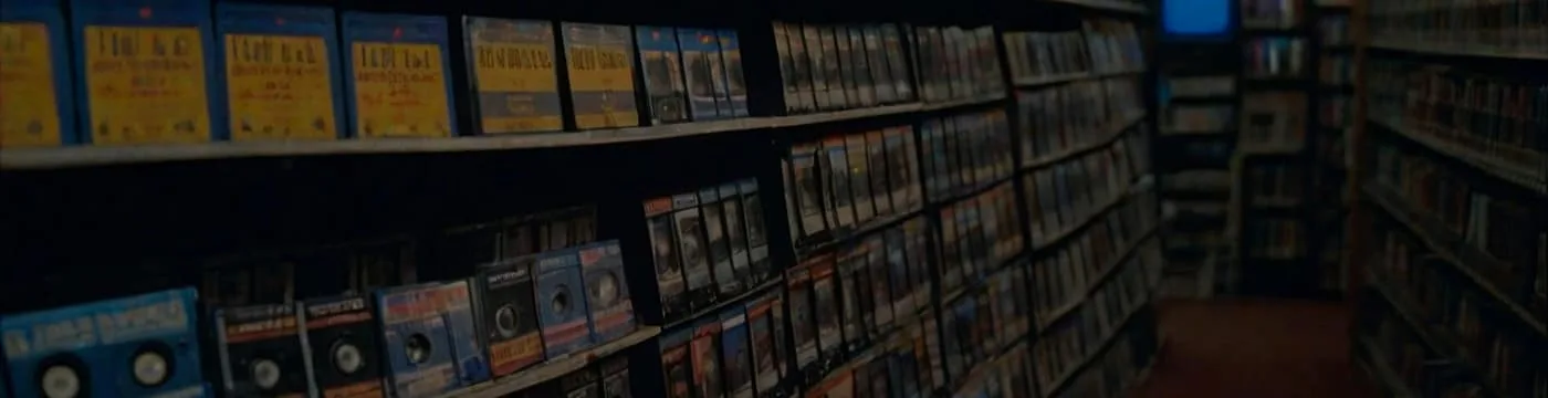 PickYourModel aisle banner, AI-generated: a long aisle of shelves for the Foreign Film section.