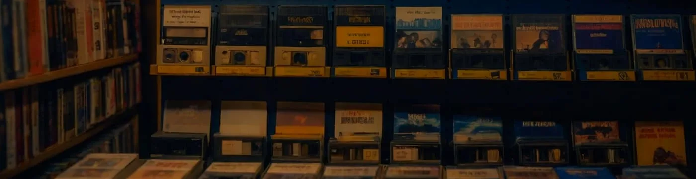 PickYourModel aisle banner, AI-generated: a wide shelf of video-tape boxes for the Staff Picks section.