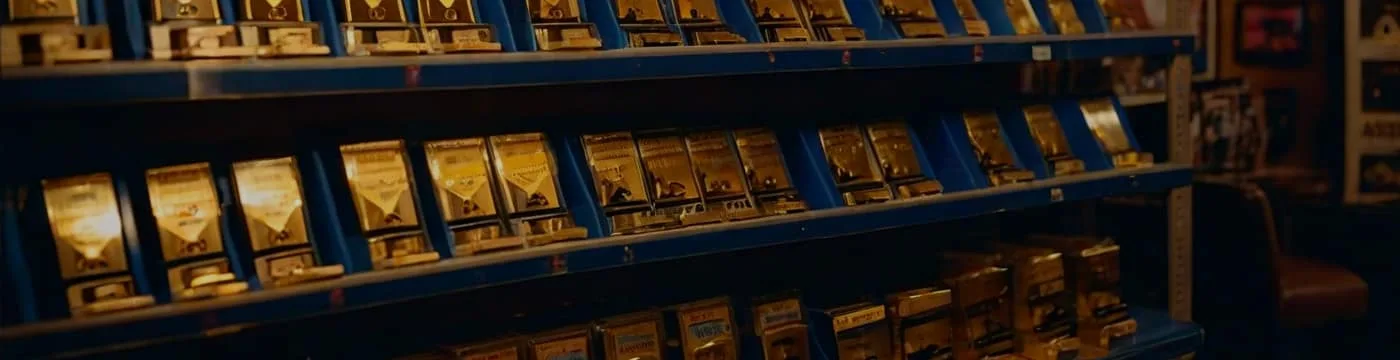 PickYourModel aisle banner, AI-generated: a shelf of tape boxes lit in warm light for the Top Rated section.