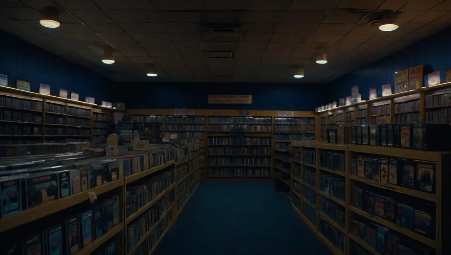 PickYourModel store artwork, AI-generated: the inside of a dim 1990s-style video store with long shelves of tapes under ceiling lights.